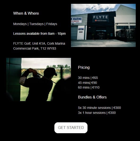 The pricing card from Flyte Golf.