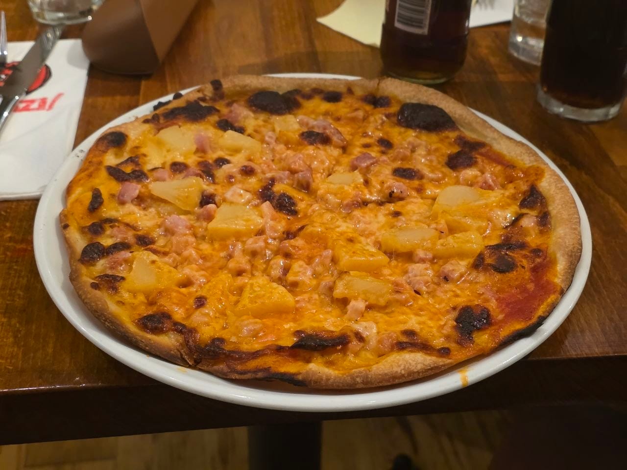 The Hawaiian pizza. Thin and crispy with strong cheese.